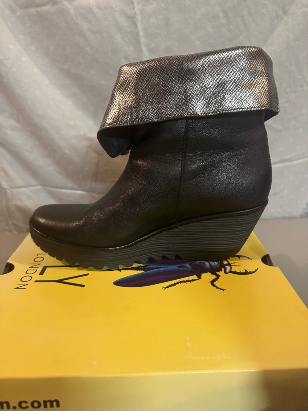 FLY London Black Wedge Ankle Boots with Metallic Cuff - Picture 2 of 6
